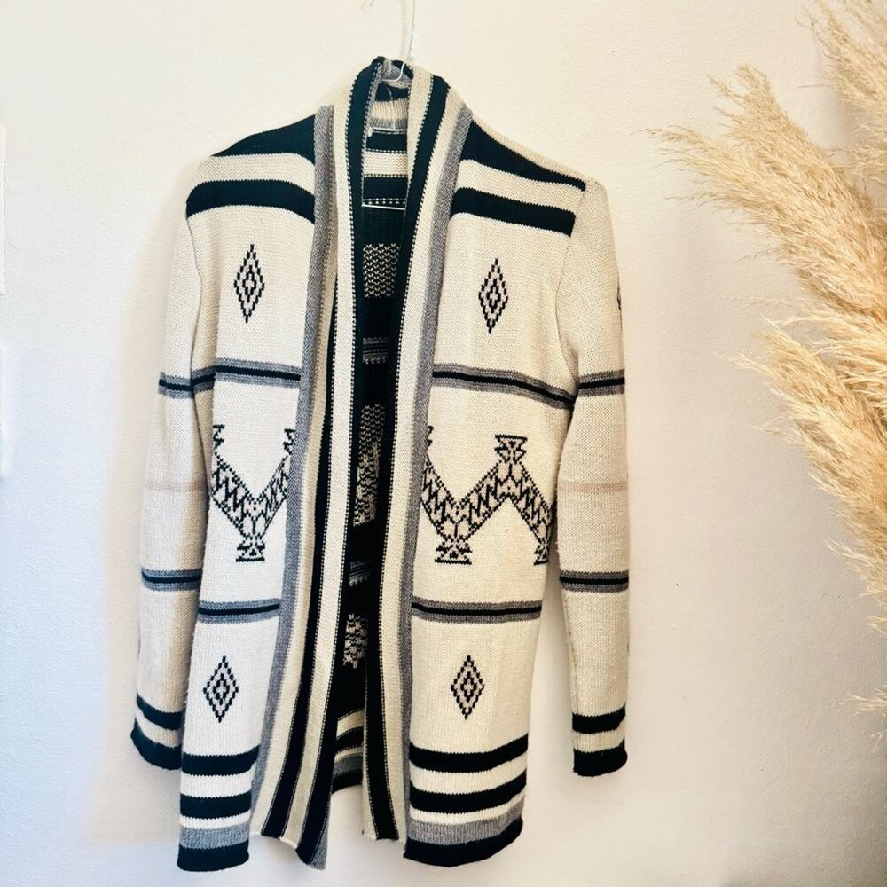 VINTAGE ANTHROPOLOGIE Cream Black Grey Print Stripe Knit Open Cardigan Sweater M - Picture 2 of 12